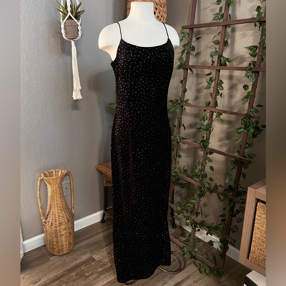 Betsy & Adam Vintage Black Velvet Jeweled Sparkle Maxi Dress Formal Evening Gown - Picture 4 of 17